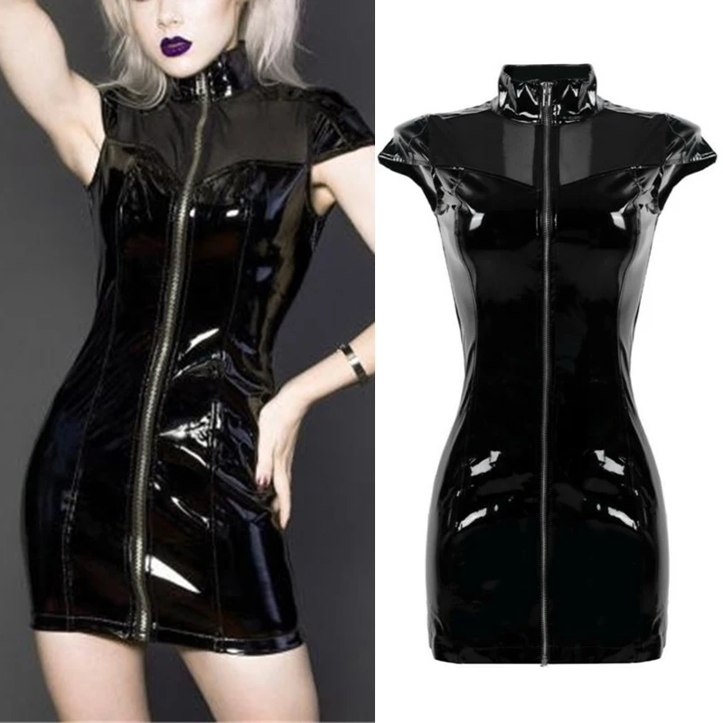 

Plus Size Leather Bodycon Slim Dress Sexy Lady Gothic Black PVC Vinyl Wetlook Shiny Mesh Clubwear Dance Costume High neck Dress
