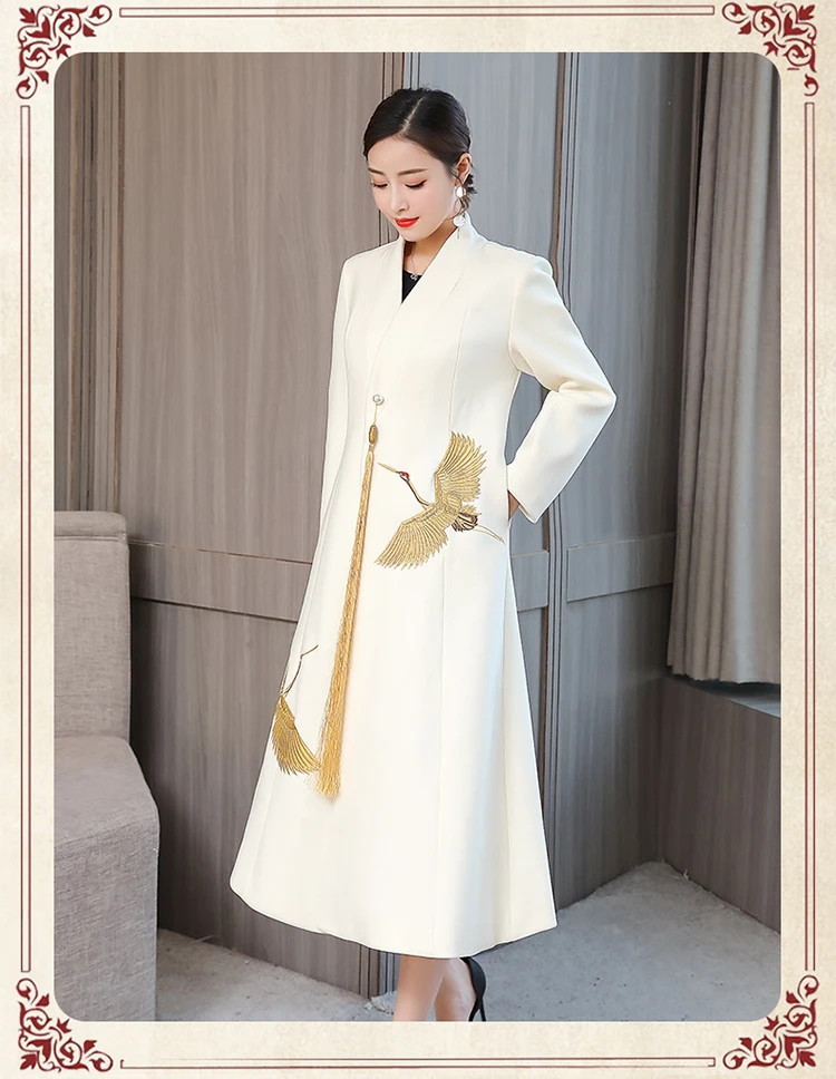 Новинка года; зимнее пальто с длинными рукавами и вышитыми цветами в китайском стиле; шерстяное пальто-Тренч высокого качества; vestido; Размеры M-4XL