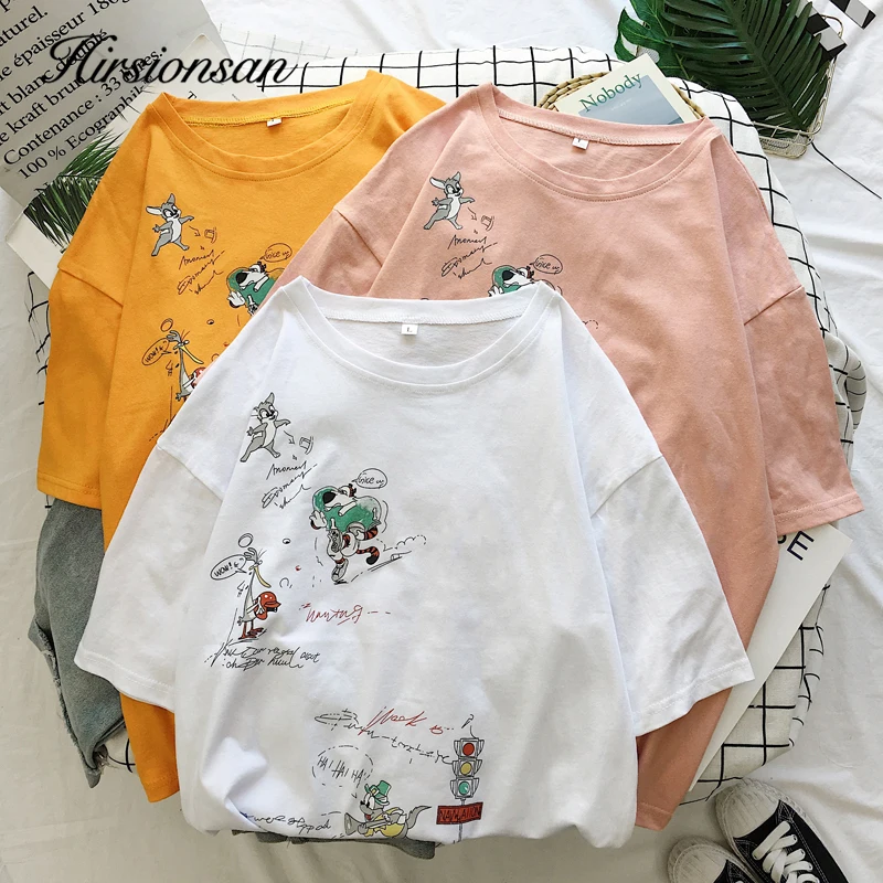 Hirsionsan футболка с героями мультфильмов женская летняя белая Harajuku Femme графическим