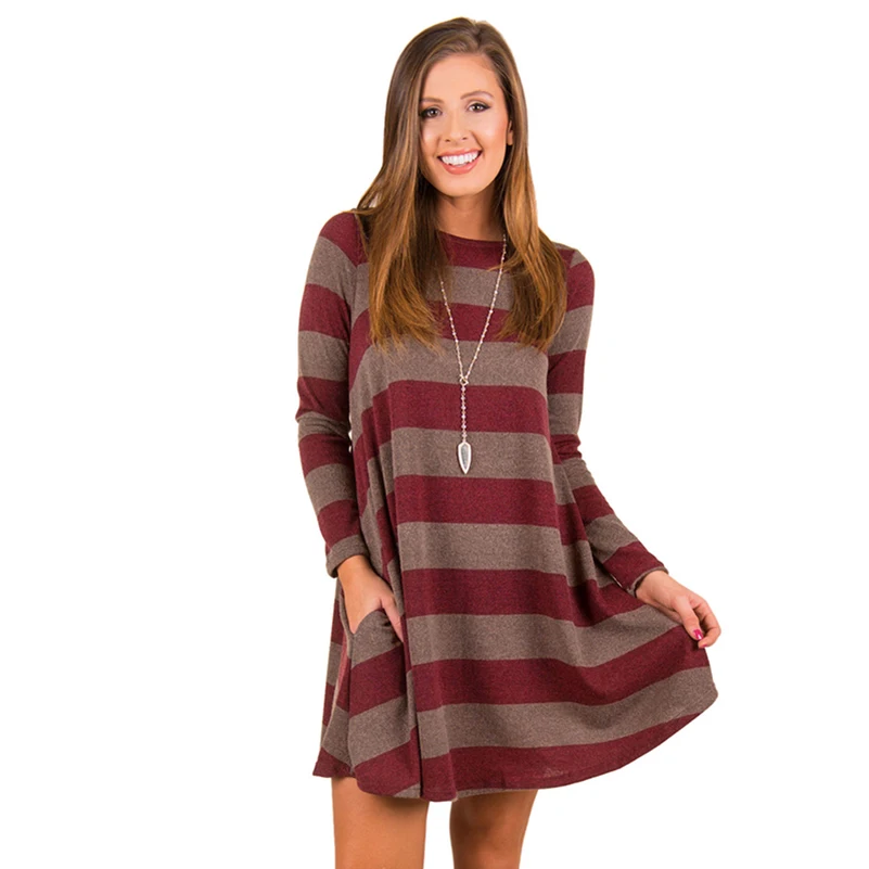 Casual Striped Dress O Neck Women Long T Shirt Top Tee Boho Vestido Autumn Style Beach Wear Preppy Women's Clothing Dresses