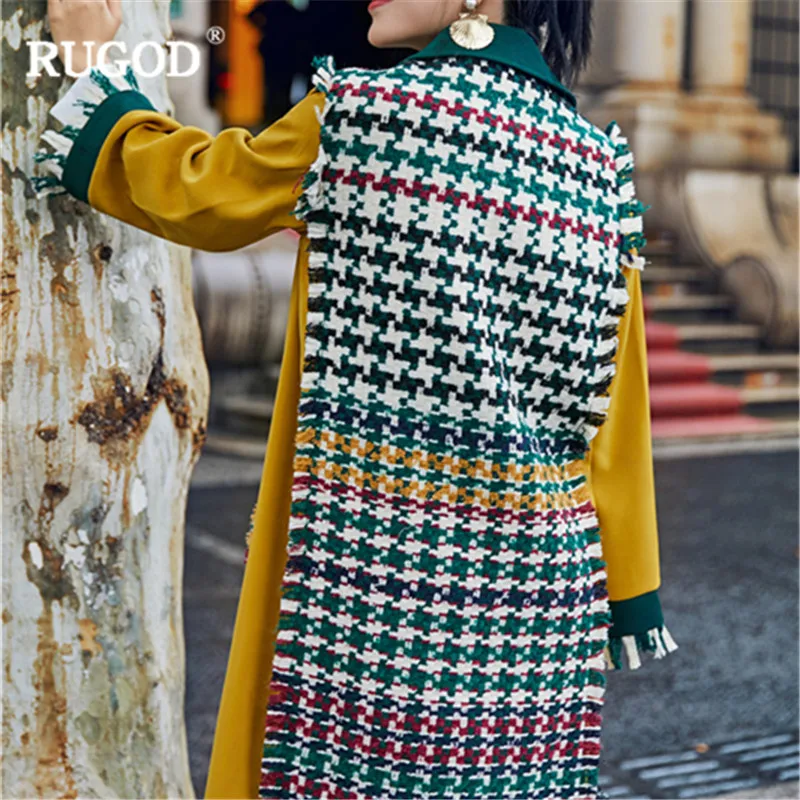 RUGOD Fashion X-Long Women Coat Patchwork England Style Wool Coat with Adjustable Waist Warm Winter Clothes manteau femme hiver
