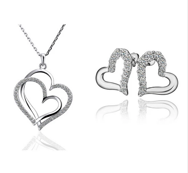 

2015 new arrived Fashion Jewelry Sets women Austrian crystal Heart Pendant Necklace Love Stud Earring Christmas gift