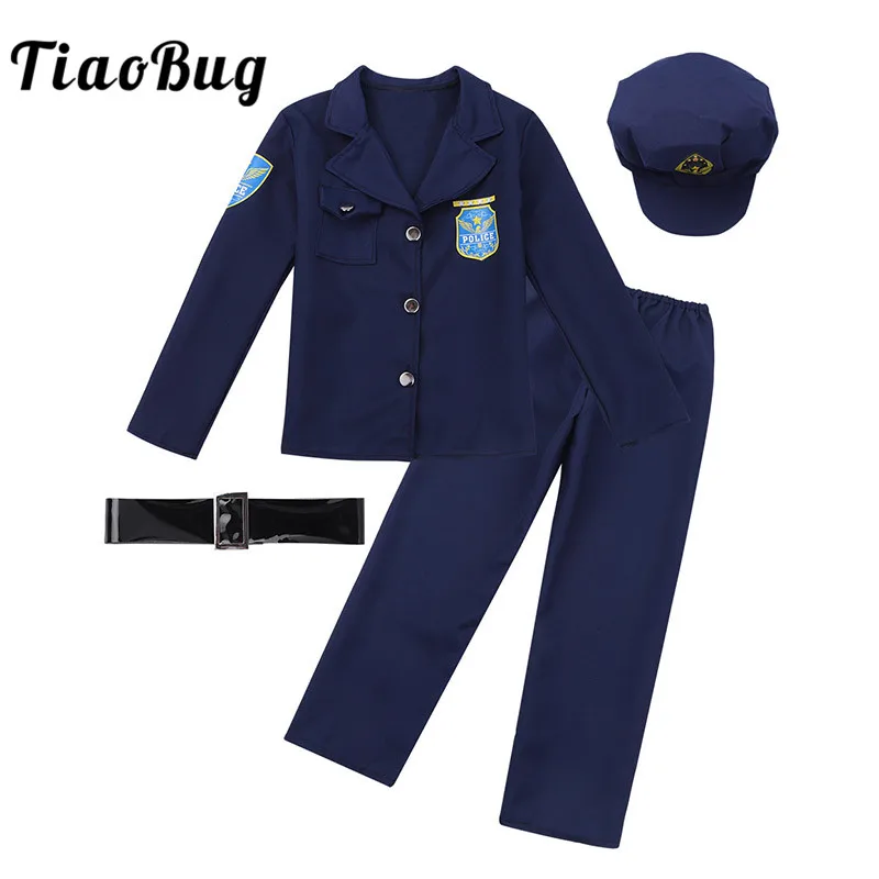 

TiaoBug Unisex Kids Police Officer Uniform Jacket with Pants Hat Belt Set Child Boys Girls Halloween Policeman Cosplay Costume