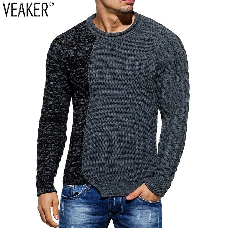 2021 Autumn New Men's Slim Fit Sweaters Pullover Male High Street Knitted Sweater Tops Patchwork O-Neck Knitwear Pullovers | Мужская
