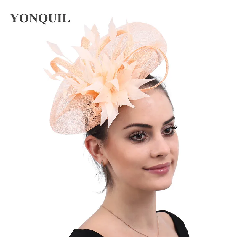 

Sinamay champagne wedding fascinator hat bridal fashion headpiece with fancy feather flower derby headwear with geadband ladies