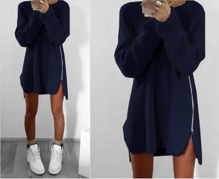

Women Autumn 2017 And Winter Europe And The United States New Casual Cotton A-Line O-Neck Loose Zipper Dress