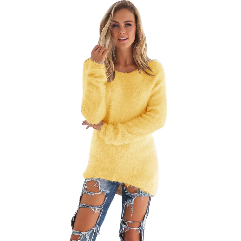 

Casual Solid warm sweater for women Long Sleeve O-Neck long Jumper Sweaters Blouse Yellow sweater women winter