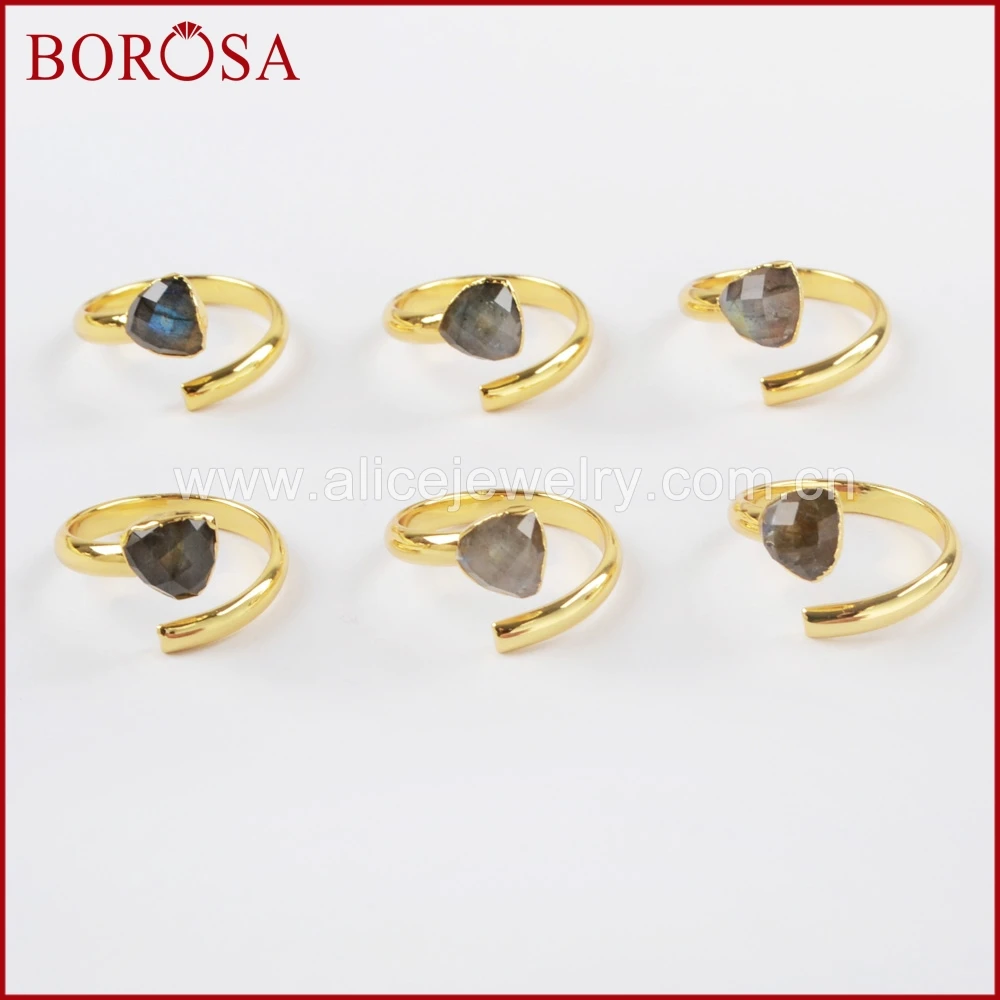 

BOROSA Fashion Gold Color Natural Labradorite Faceted Wrap Rings Sparkling Rings for Women Wholesale Druzy Jewelry Ring G1490