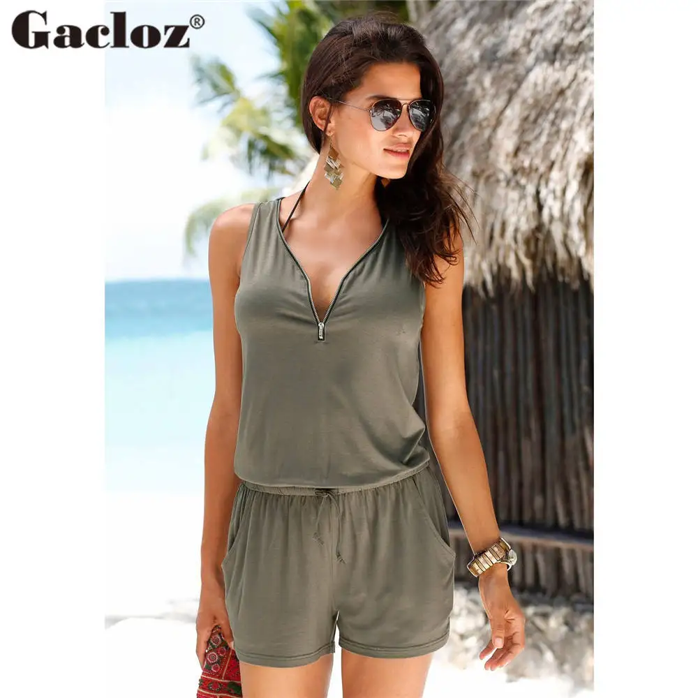

Gacloz Women V-Neck Rompers Beach Clothes Casual Playsuit Zipper Short Jumpsuit Ladies Overalls Combishort Femme