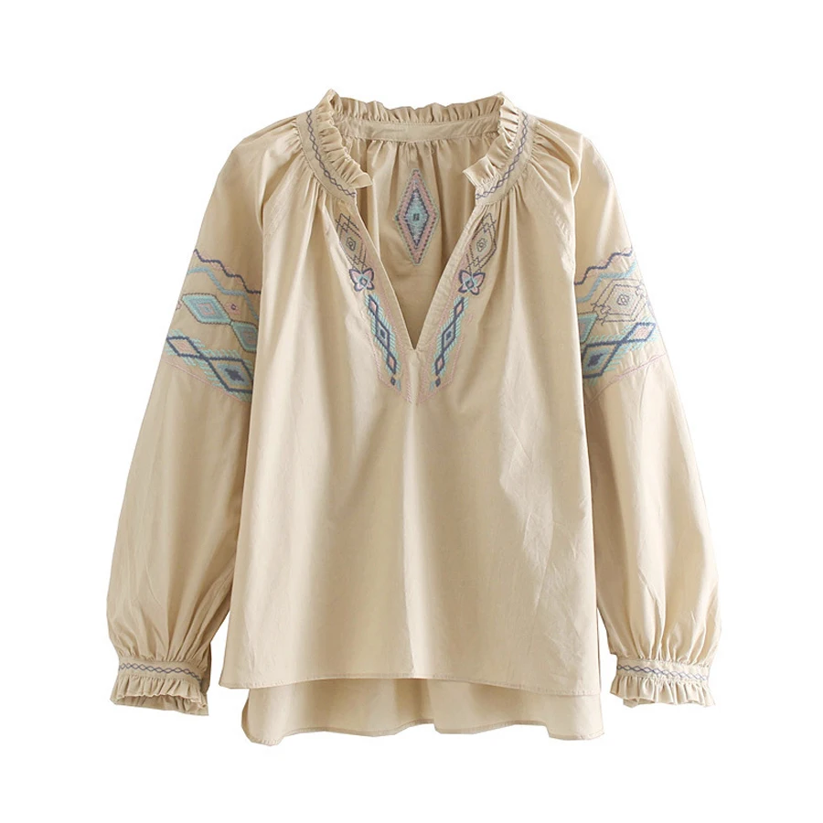 

TEELYNN BOHO top shirt cotton blouse 2019 autumn Ethnic floral Embroidery long lantern Sleeve blouses loose women blouses Blusa
