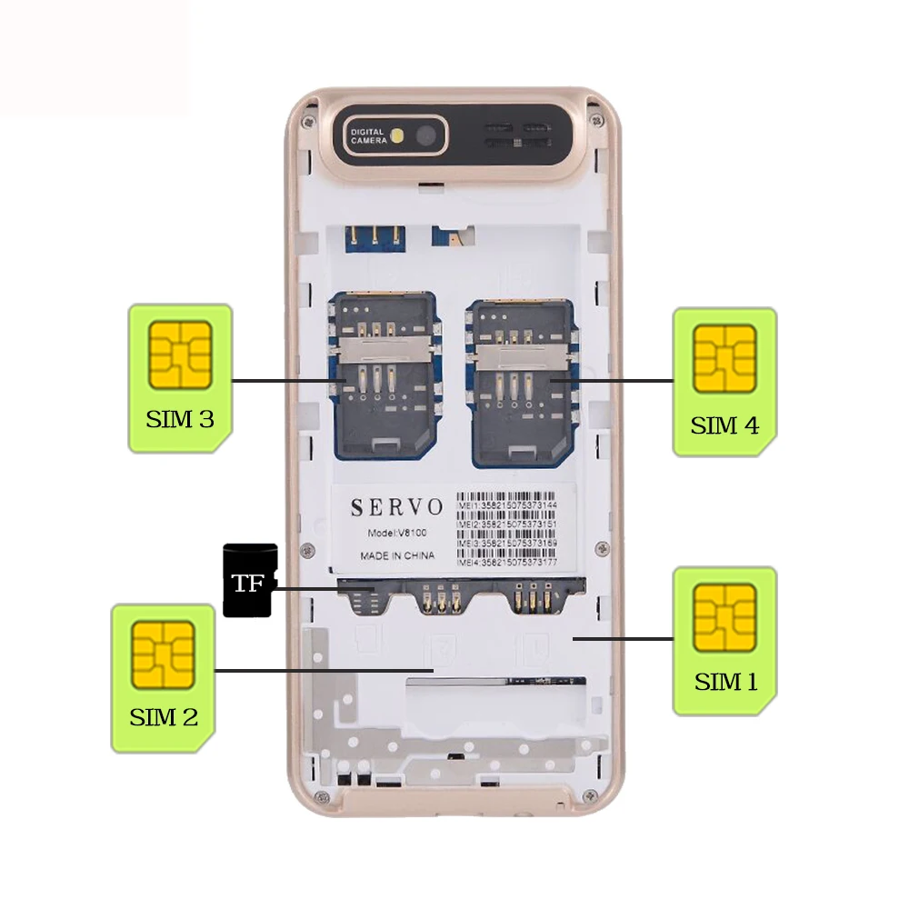Quad Sim сотовый телефон Band 2 8 дюймов 4 sim карт ожидания Bluetooth фонарик MP3 MP4 GPRS Servo