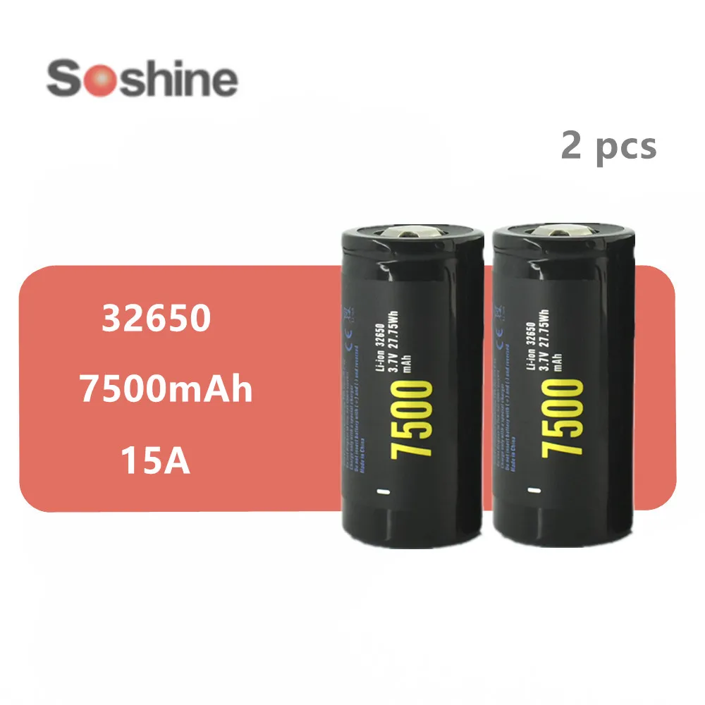 

2pcs Soshine NCR 32650 battery 3.7V 7500mAh Rechargeable battery Li-ion Battery Discharge 15A Max 25A with PCB Protected Board