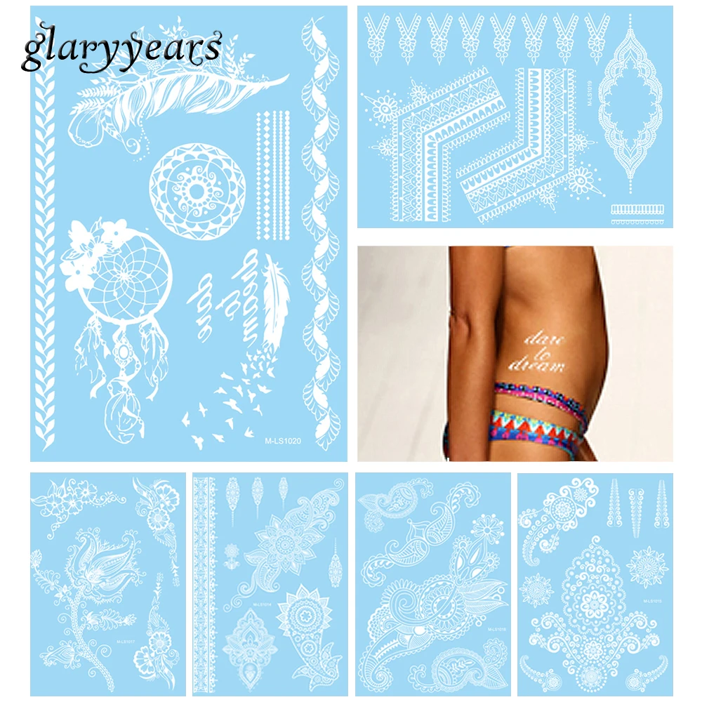 6 Pieces Temporary White Tattoo Sticker Flower Dreamcatcher Jewelry Style Adult Makeup Decor