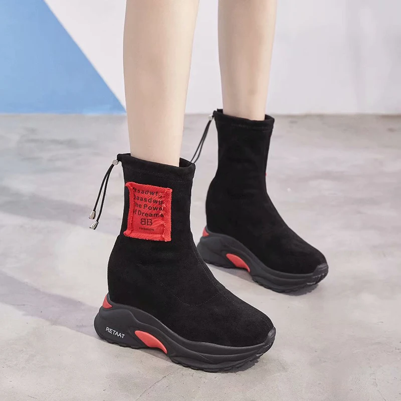 

Dumoo 2018 Autumn Winter High Heel 9cm Lady Boots Women Shoes Height Increasing Casual Boots Platform Wedges zapatos de mujer