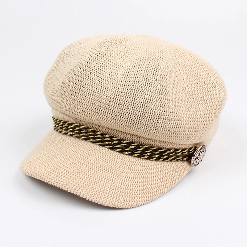 

Womens Octogonal Hat Fashion Military Cap Summer Sun Hats Pure Color Knitted Octagonal Cap Woman Hat Women's
