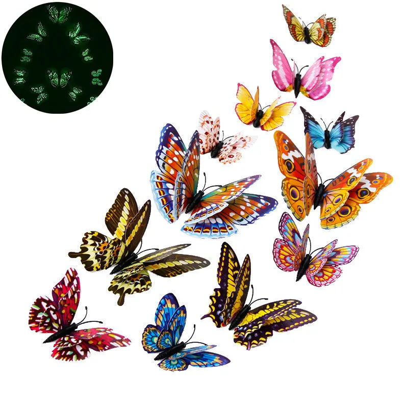 12 шт./компл. с подсветкой и двойным Слои 3D настенное украшение в виде бабочки Стикеры флуоресцентный ПВХ магнит бабочки вечерние Детские Спальня холодильник украшения