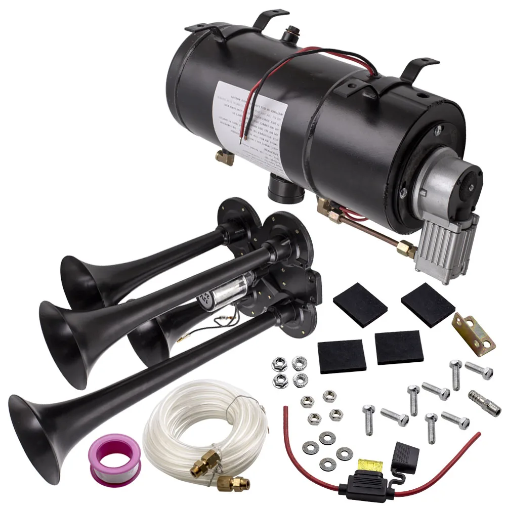 12V 150 DB Quad 4 Trumpet LOUD Train Air Four Horn + compressor Hose