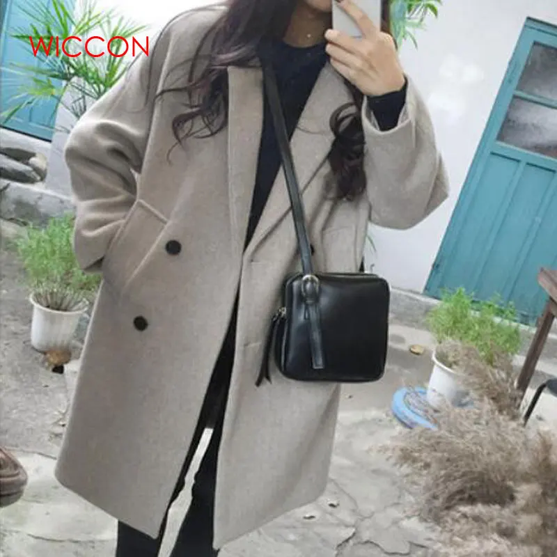 

Thin Wool Blends Coat Women Long Sleeve Turn-down Collar Outwear Casual Autumn Winter Elegant Overcoat Gray Black
