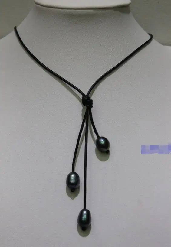 

Free Shipping >>>>>Black leather 3beads black freshwater pearl necklace 10x12mm 16"no matel