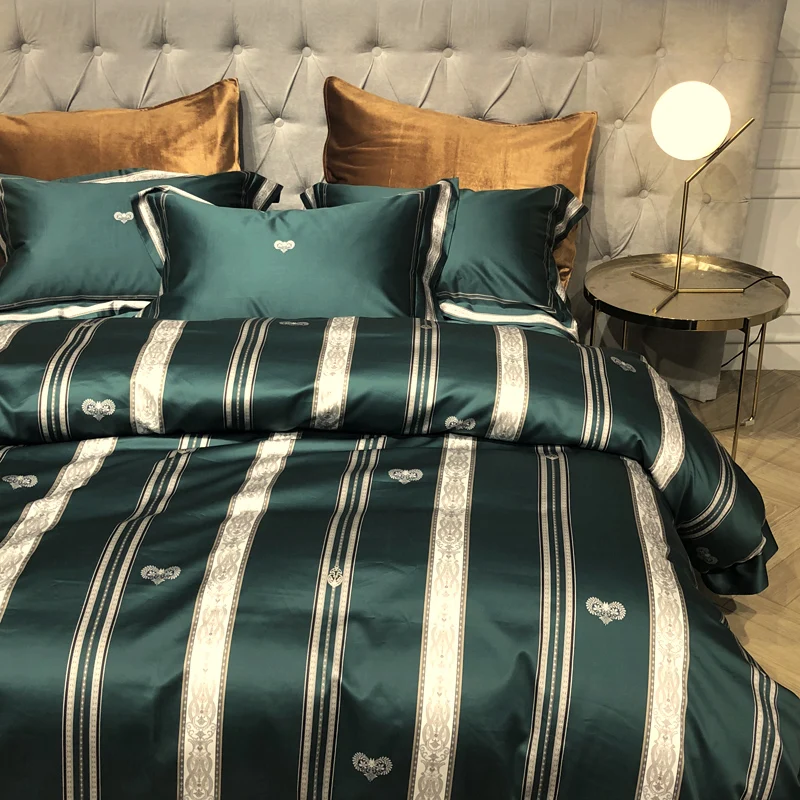 

luxury Digital printing Egyeptia cotton Green Royal Bedding set Queen King Stripe Duvet cover Bed sheet set Pillowcases 4pcs