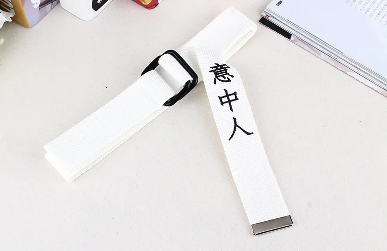 Black White Canvas Belt For Men Women Jeans Chinese Characters Personality Double Ring Buckle Belt Casual white Waistband Z3