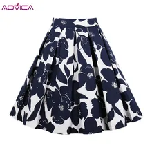 Aovica/Женские винтажные юбки темно-синего цвета с цветочным принтом, хлопковые повседневные ретро-юбки с высокой талией до колена, женские юбки, Новинка