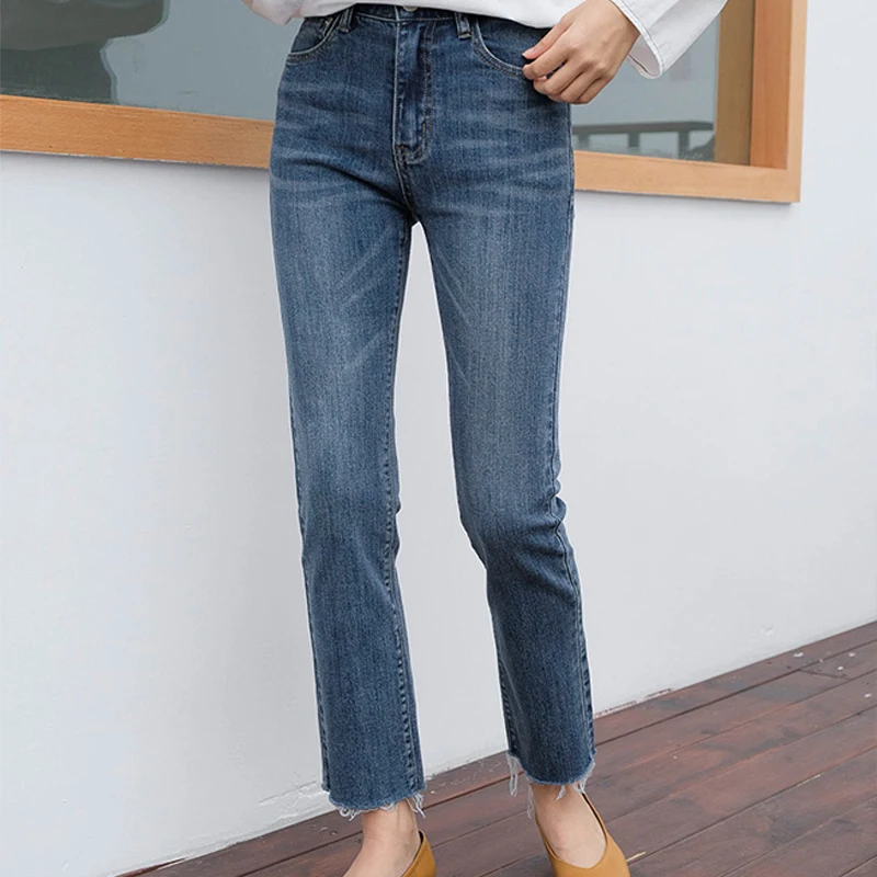 

Casual Ladies Pencil Row Edge Jeans Women High Waist Ankle-Length Blue Jeans Korean High Street Wear Denim Pants for Office Lady