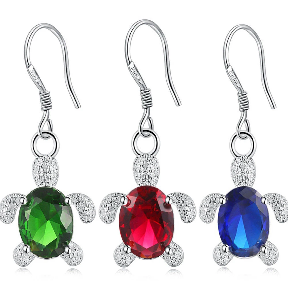 Cute Turtle Silver Drop Earrings for Women Girl Gift Party Rhinestones Long Earring Jewelry Red Blue Green | Украшения и