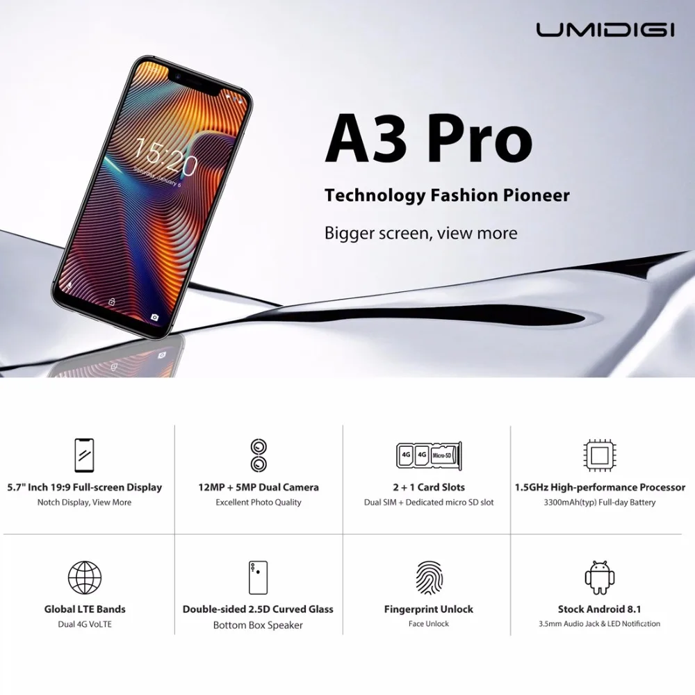 UMIDIGI A3 Pro 5," incell HD+ дисплей 3 ГБ+ 32 Гб Смартфон MTK6739 четырехъядерный Android 8,1 12 Мп+ 5 Мп разблокировка лица двойной 4G мобильный телефон