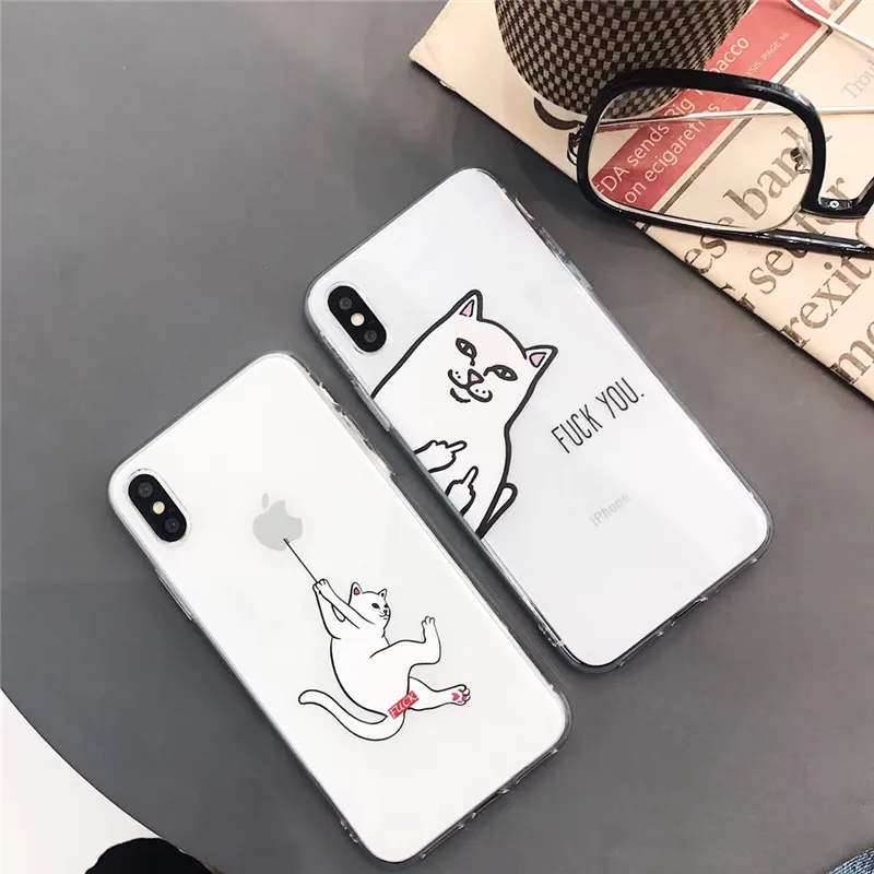 

Funny Middle finger cat Transparent Cover Case For Iphone X Case Shell Soft TPU Transparent Phone Case For iPhone 7 7Plus 8 6 6s