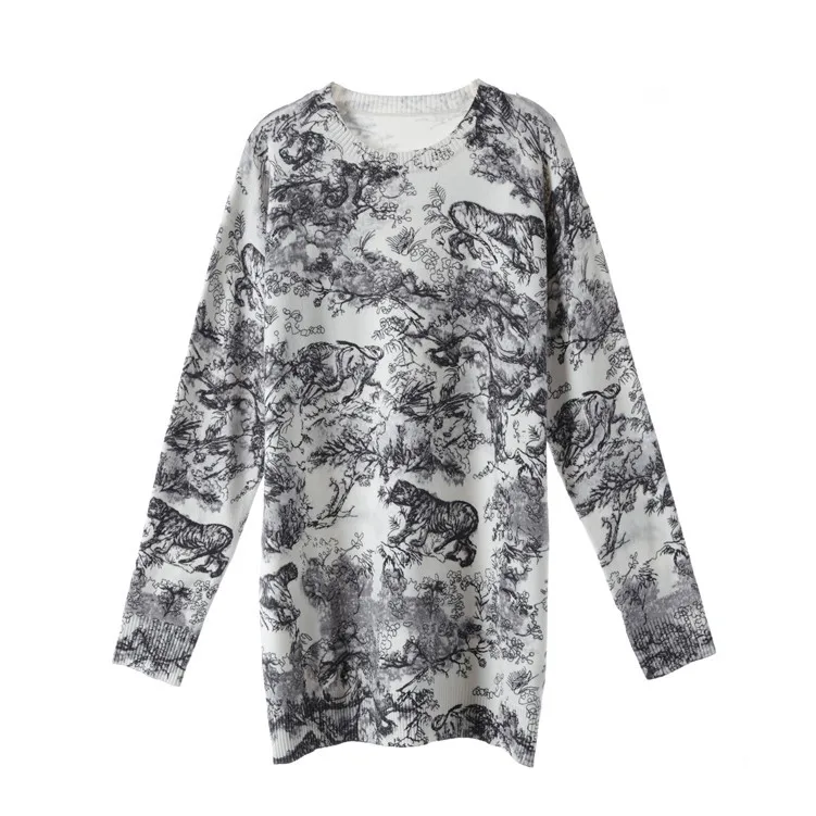 Runway Designer Sweaters 2018 Vintage Black Tiger zoo Print Sweater Women Long Sleeve Knitted Loose Pullover Sweater Runway Designer Sweaters 2018 Vintage Black Tiger zoo Print Sweater Women Long Sleeve Knitted Loose Pullover Sweater