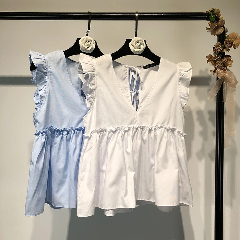 

2019 Spring and Summer Elegant Women T-shirts Cotton High Street Sleeveless T-shirts Ruffles Solid V-Neck T-shirts