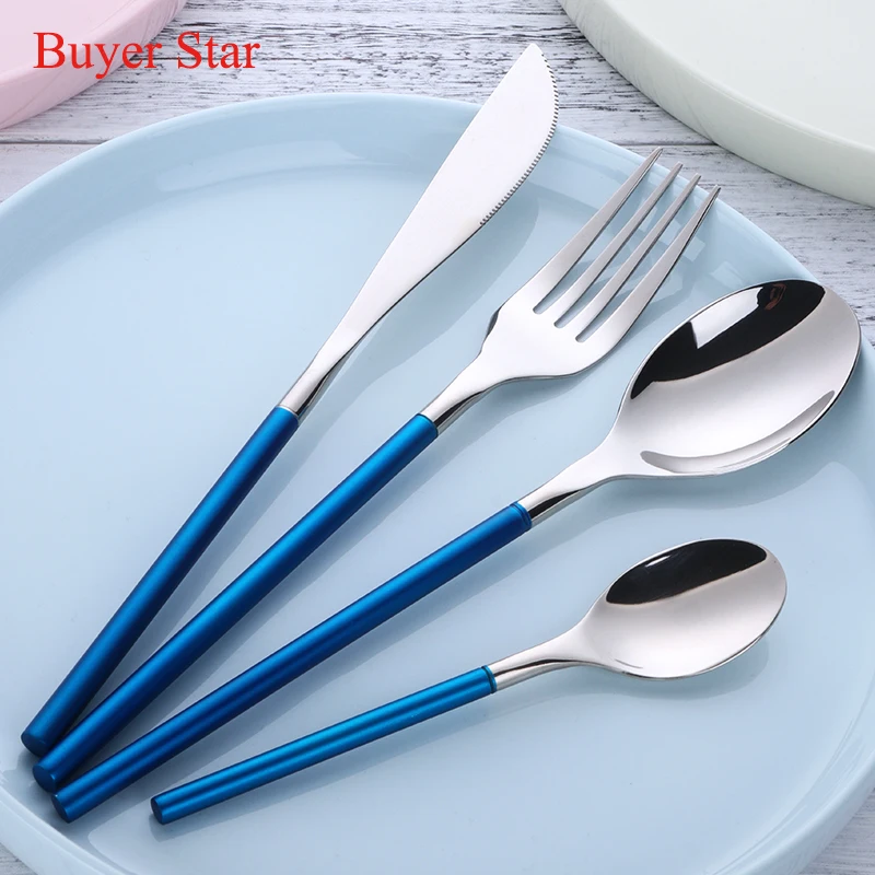 Buy 24 piece Korean Style Luxury Solid Blue Cutlery