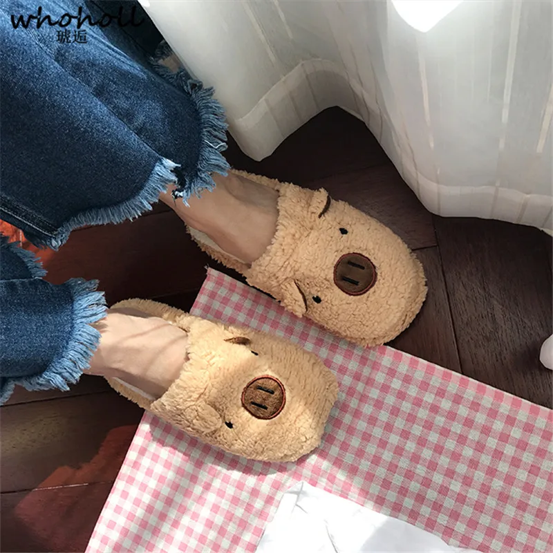 

WHOHOLL Winter Indoor Home Slippers Soft Velvet Floor Slippers Cute Pig Cartoon Women Shoes Warm Floor Slippers For Women