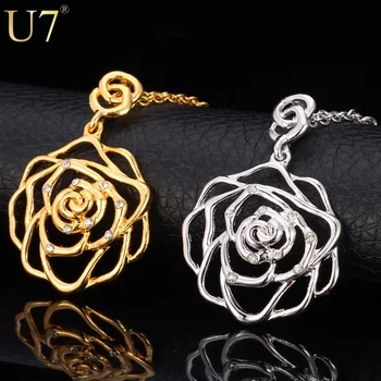 

U7 Big Size Flower Pendant New Trendy Gold/Silver Color Rhinestone Jewelry Wholesale Pendant Necklaces Women P435