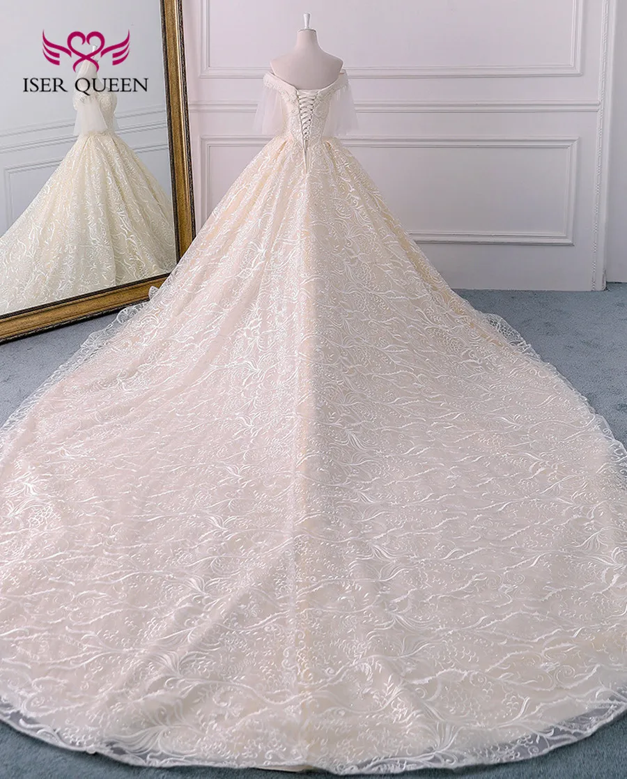 Длинное белое винтажное кружевное свадебное платье с королевским шлейфом и коротким Расклешенным рукавом, бальное платье с жемчужными бусинами, свадебные платья WX0121