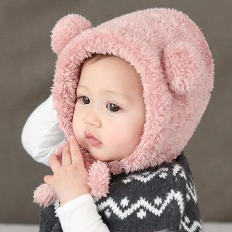 Детские шапки; теплая зимняя шапка с защитой ушей; шапки для новорожденных; милые плюшевые шапки-бини с медведем для детей; головные уборы для малышей; аксессуары - Цвет: Pink