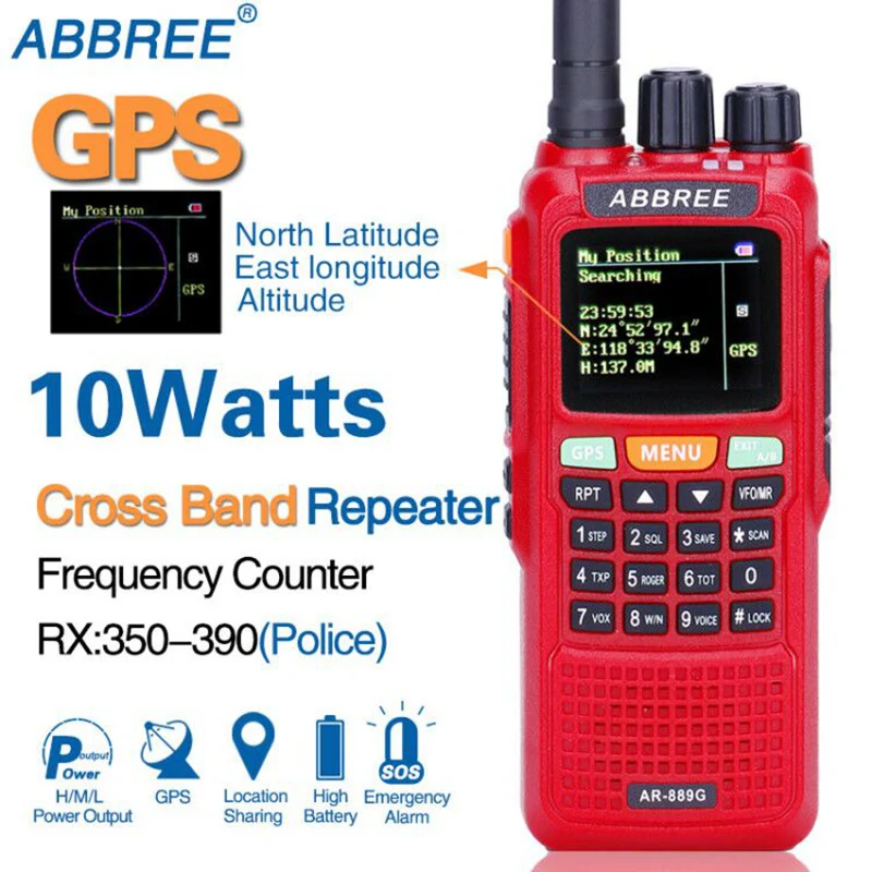 ABBREE AR-889G двухканальные рации 10 Вт GPS SOS 999CH Ночь Подсветка дуплекс поперечная полоса Repeate двойной приема Ham Радио + динамик Mic