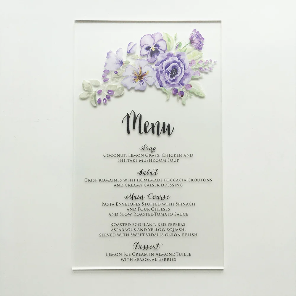  100 Sets Per Lot Purple Floral Watercolor 5x7inch Frosted Acrylic Wedding Invitation Cards - 32868600334