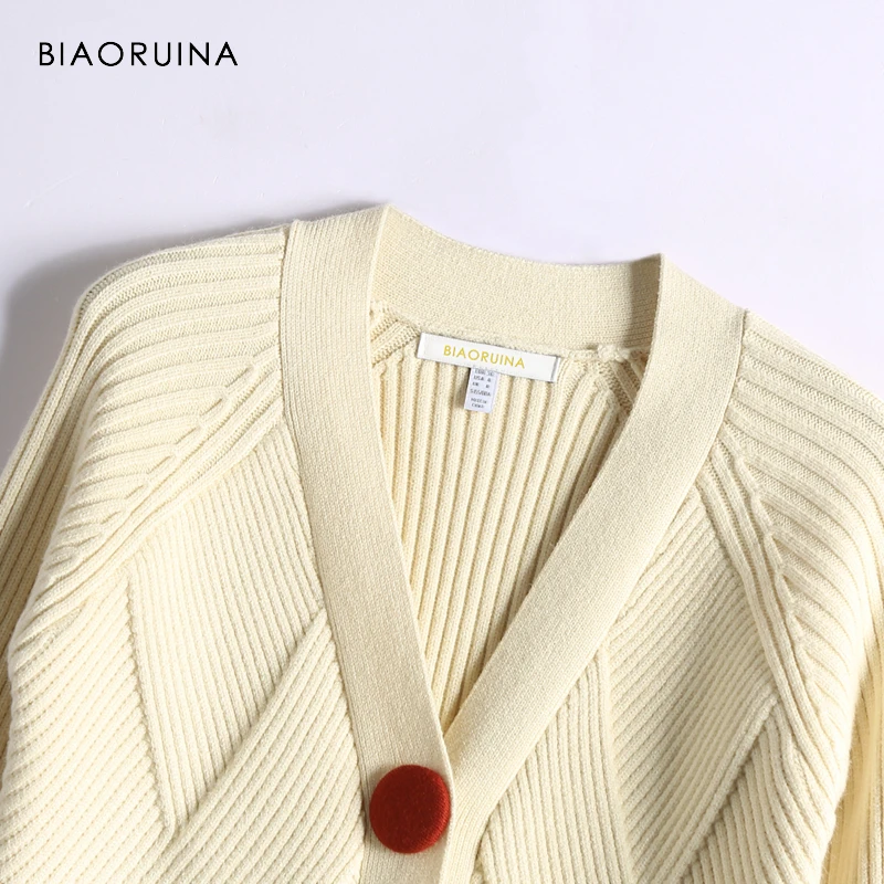 BIAORUINA الأمريكية نمط المرأة كل مباراة تمتد أزياء قصيرة محبوك سترة الإناث عارضة الخامس الرقبة محبوك جديد وصول