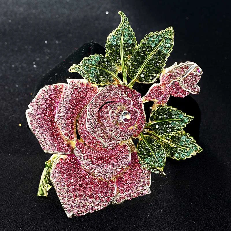 Blucome Big Size Rose Flower Brooch For Women Christmas Gifts Pink Bud Leaf Crystal Brooch Perfect enamel Hijab Accessories