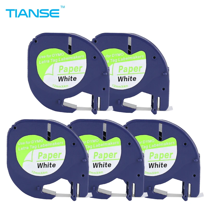 

TIANSE 5 pcs/lot 12mm*4m 91200 black on white compatible DYMO LetraTag Tape Label paper for DYMO label printer ribbons A91330