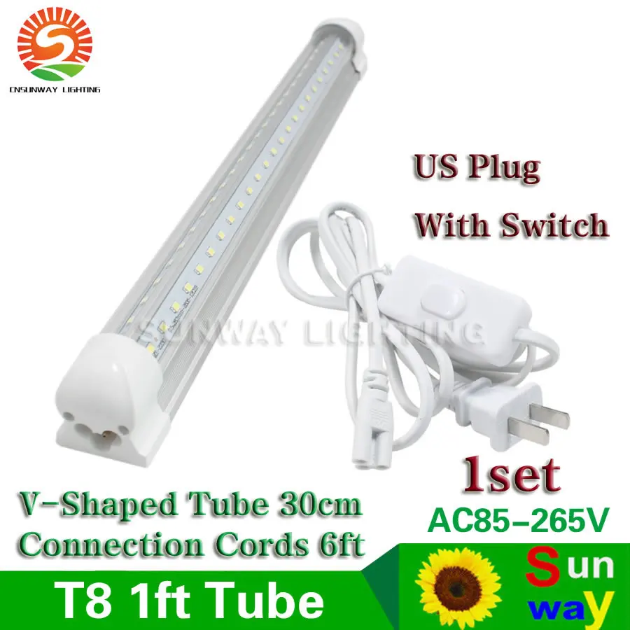 SUNWAY T8 Integrated V Shaped 30cm 1ft LED Tube Lights 6W Add US Plug