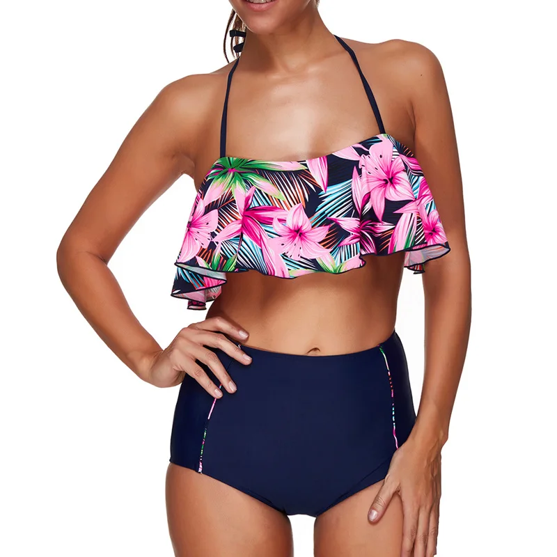 High Waist Bikini Ruffle Women Swim Bathing Suit Off Shoulder Swimwear Push Up Swimsuit Green White Beachwear Bikinis 2019 Mujer