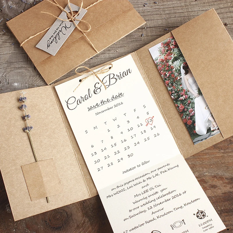  Kraft Pocket Wedding Invitations Rustic Wedding Invites Custom Wording Print - Set of 50 pcs - 32846339094