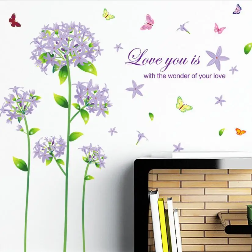 Romantic Purple Flowers Wall Stickers Bedroom Decor Floral Muursticker Korean Fresh Butterfly ...