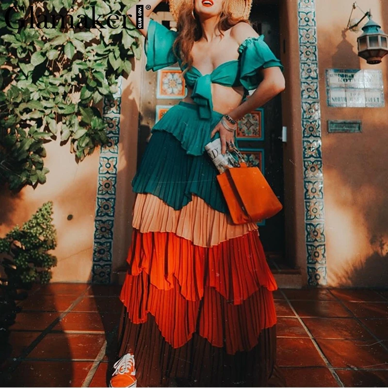 

Glamaker Retro 2-piece women long dress Ruffle Colorful summer pleated dress Elegant sexy chiffon tube maxi beach dress vestidos