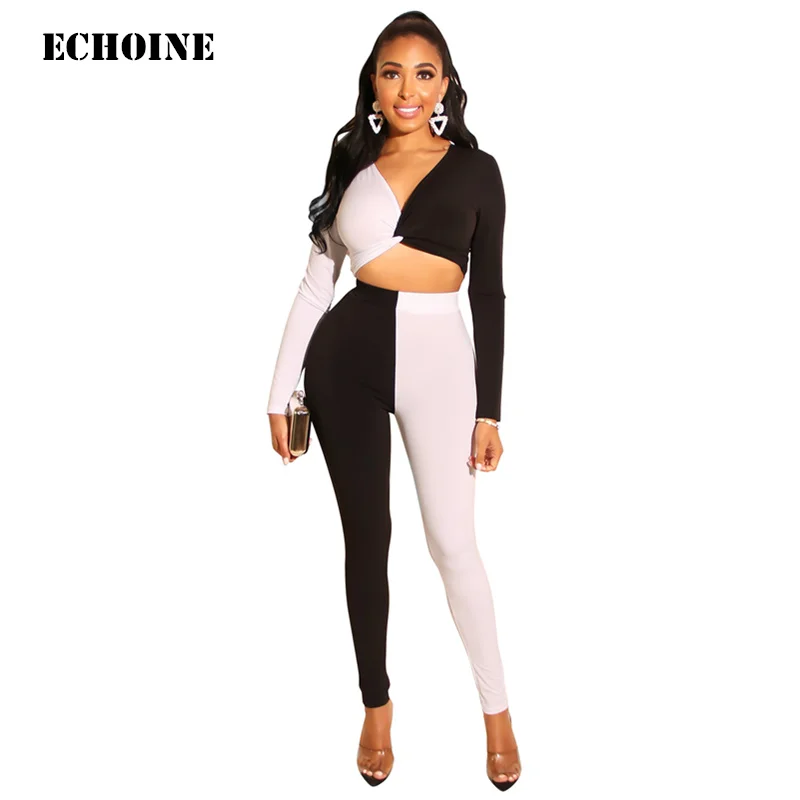 

Black and White Patchwork 2 Piece Set Crop Top and Pants Slim Skinny Pants Set Bodycon Club Wear Outfit Party Pants Set