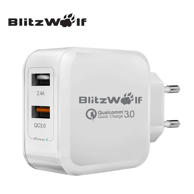  BlitzWolf 2.4A 30W EU Quick Charge QC3.0 Dual USB Fast Phone Charger Adapter For Samsung Smartphone Chargers 
