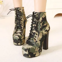 euro women military boots high heels square toe camouflage sexy platform pumps thick heel shoes woman lace bandage stiletto